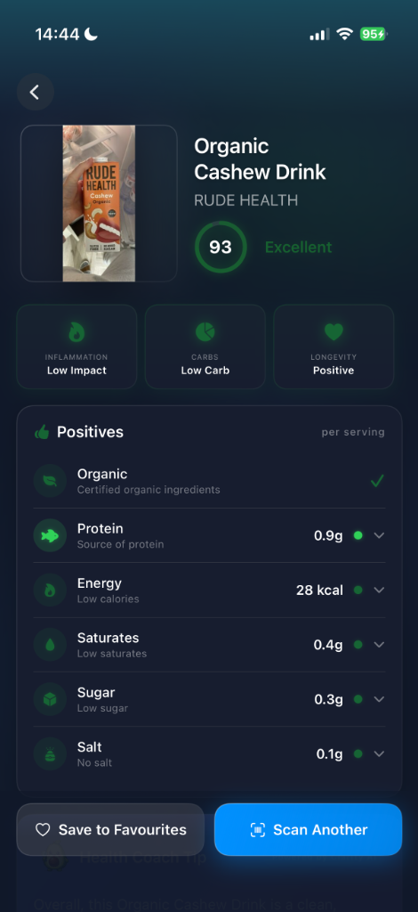 Organic Cashew Drink scored 93 — Excellent. Low inflammation, low carb, organic certified with all-green positives.
