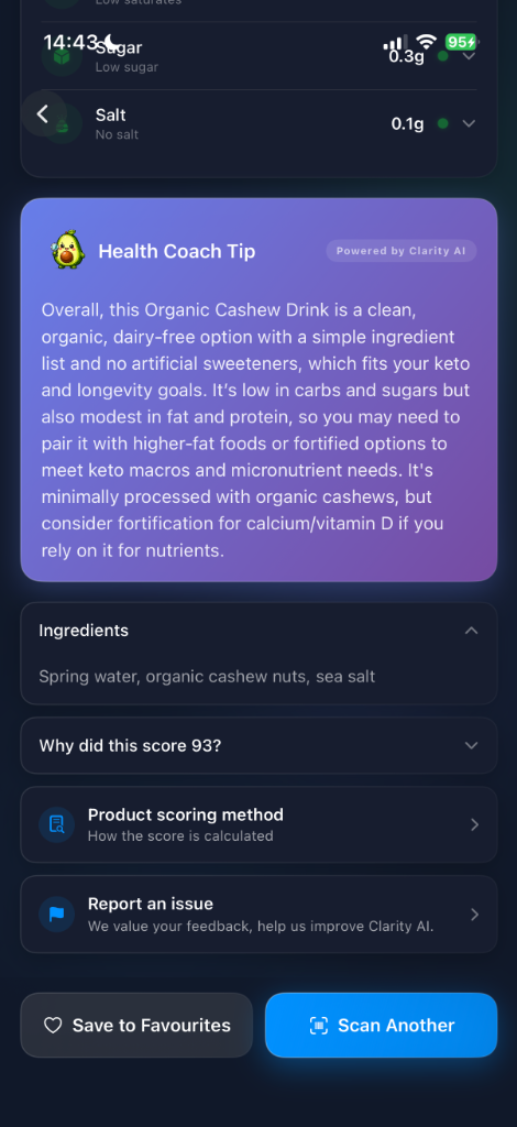 Clarity AI Health Coach Tip — personalised AI analysis of the Organic Cashew Drink
