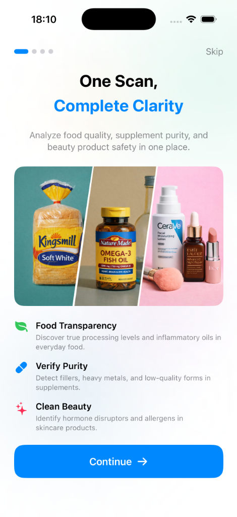 Clarity AI onboarding — One Scan, Complete Clarity with Food Transparency, Verify Purity, and Clean Beauty